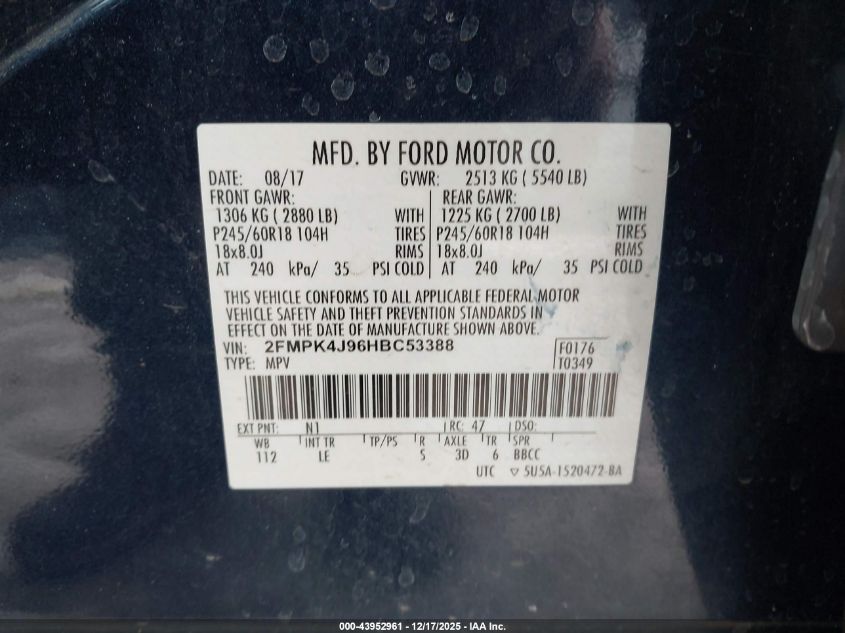 2017 Ford Edge Sel VIN: 2FMPK4J96HBC53388 Lot: 43952961