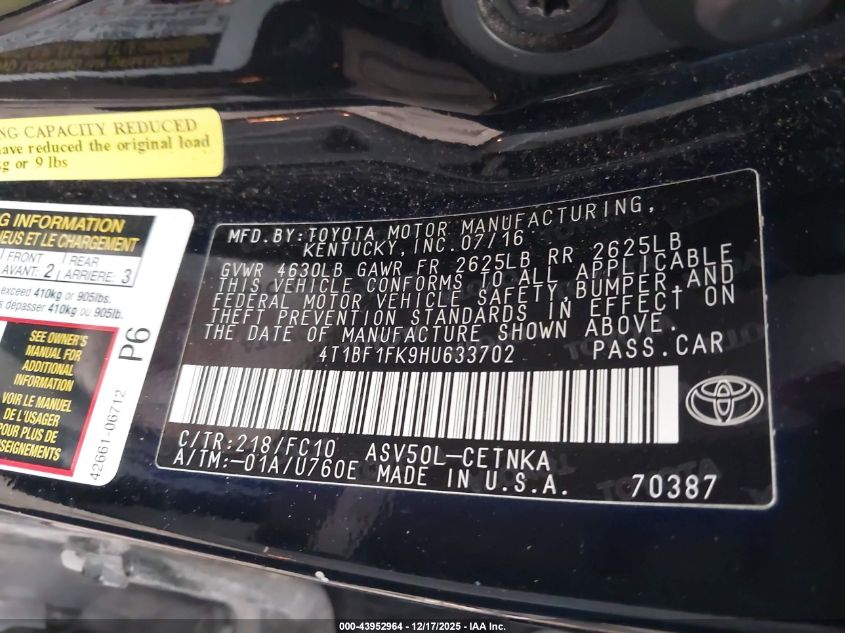 2017 Toyota Camry Le VIN: 4T1BF1FK9HU633702 Lot: 43952964