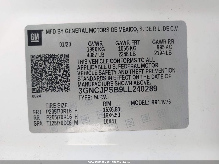 2020 Chevrolet Trax Awd Lt VIN: 3GNCJPSB9LL240289 Lot: 43952967