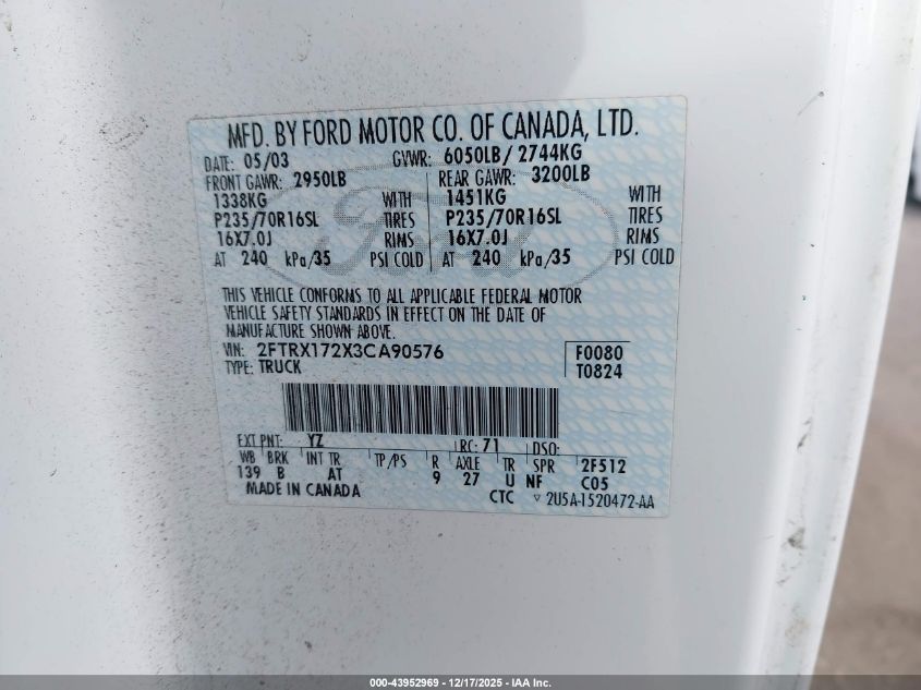 2003 Ford F-150 Xl/Xlt VIN: 2FTRX172X3CA90576 Lot: 43952969