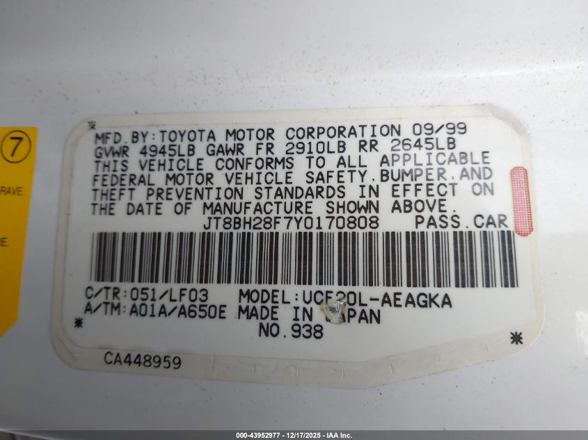 2000 Lexus Ls 400 VIN: JT8BH28F7Y0170808 Lot: 43952977