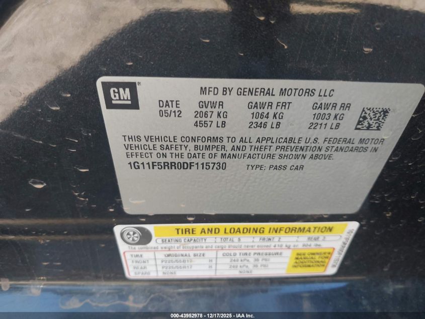 2013 Chevrolet Malibu Eco Premium Audio VIN: 1G11F5RR0DF115730 Lot: 43952978