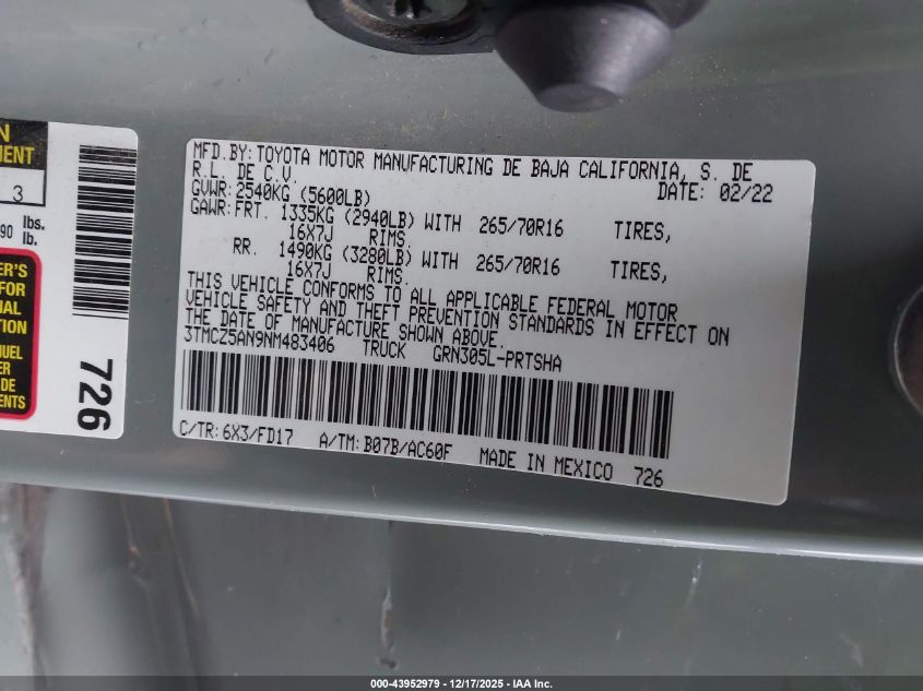 2022 Toyota Tacoma Trd Off Road VIN: 3TMCZ5AN9NM483406 Lot: 43952979