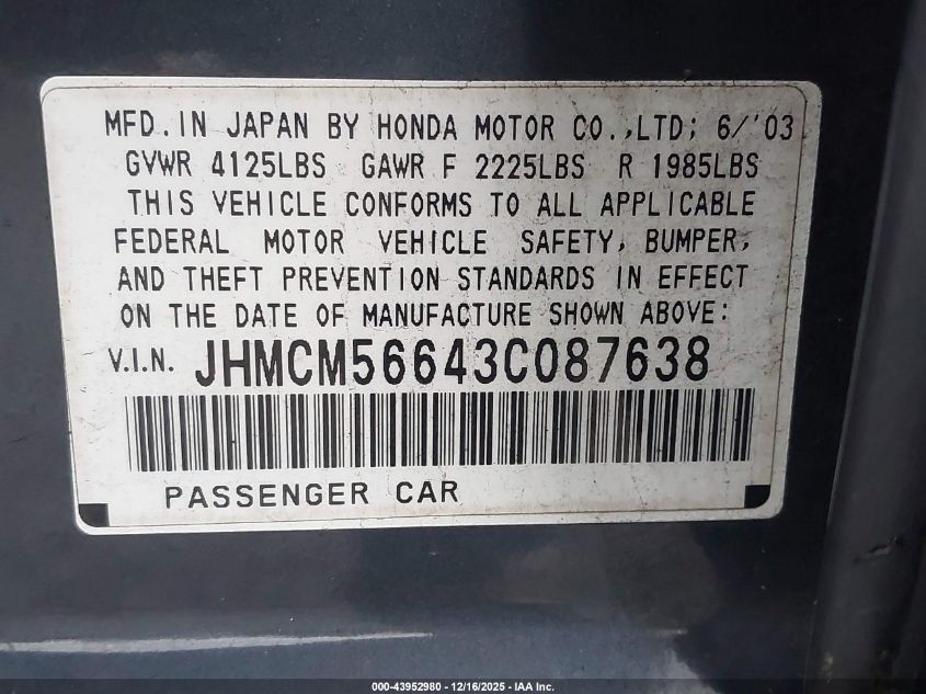 2003 Honda Accord 2.4 Ex VIN: JHMCM56643C087638 Lot: 43952980