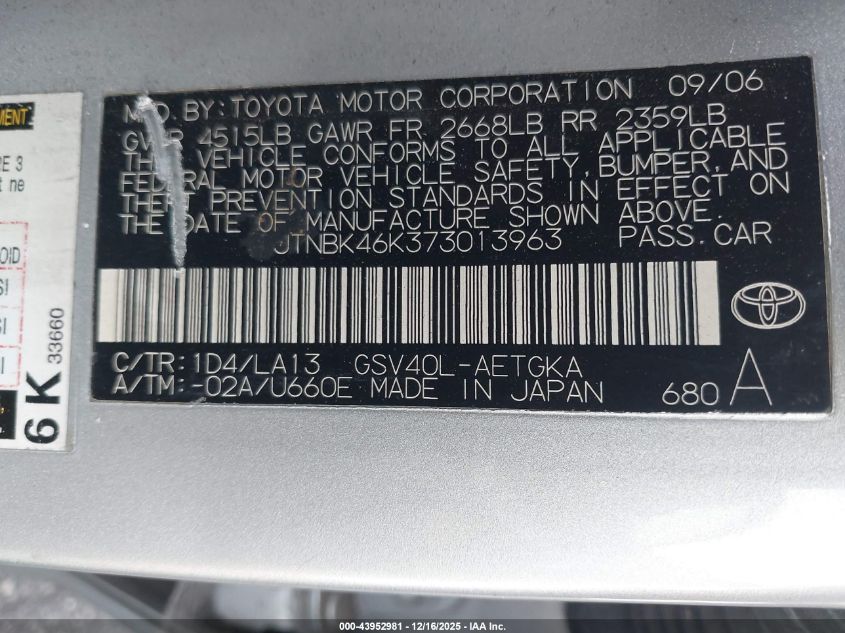 2007 Toyota Camry Xle V6 VIN: JTNBK46K373013963 Lot: 43952981