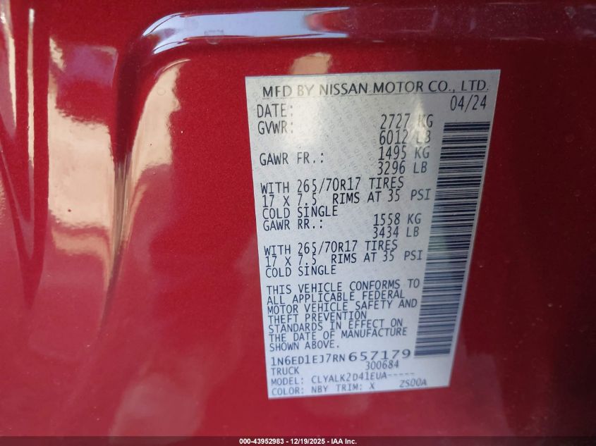 2024 Nissan Frontier Pro-X 4X2 VIN: 1N6ED1EJ7RN657179 Lot: 43952983