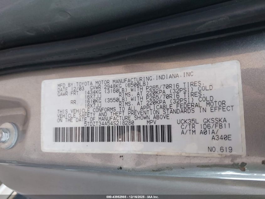 2004 Toyota Sequoia Sr5 V8 VIN: 5TDZT34A54S218280 Lot: 43952985