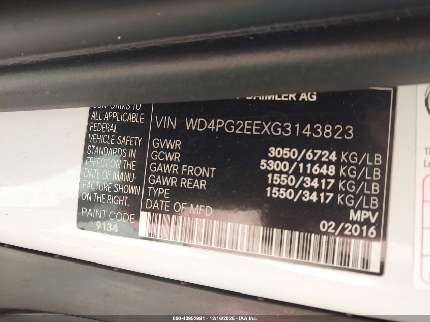 2016 Mercedes-Benz Metris VIN: WD4PG2EEXG3143823 Lot: 43952991