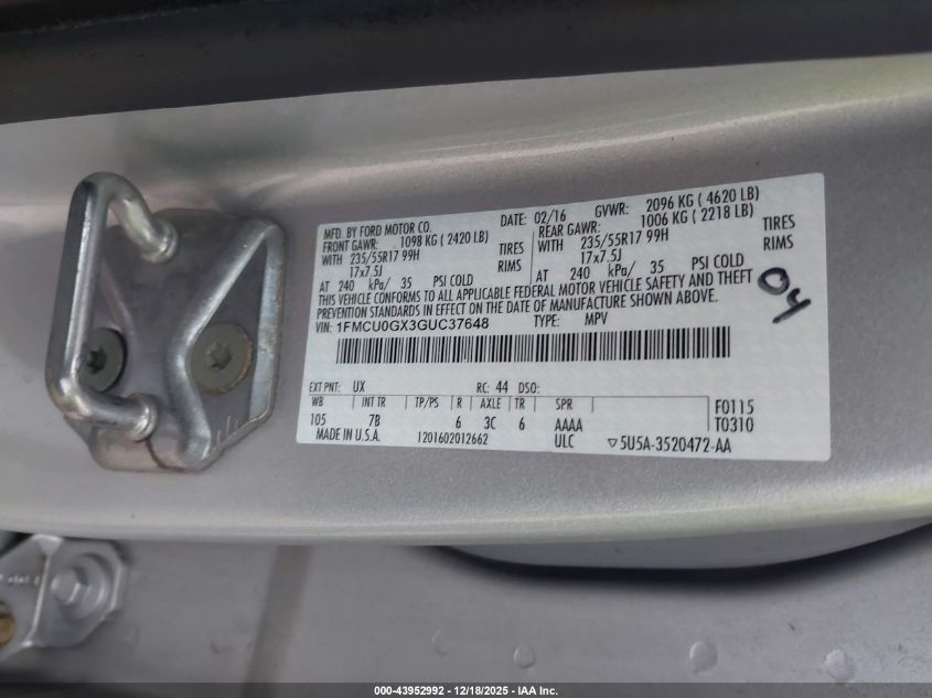 2016 Ford Escape Se VIN: 1FMCU0GX3GUC37648 Lot: 43952992