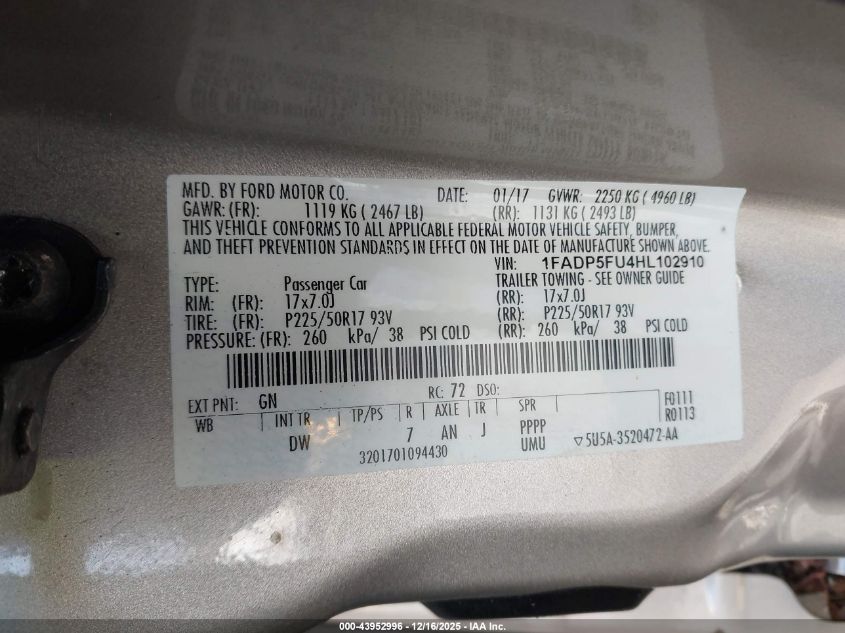 2017 Ford C-Max Energi Titanium VIN: 1FADP5FU4HL102910 Lot: 43952996