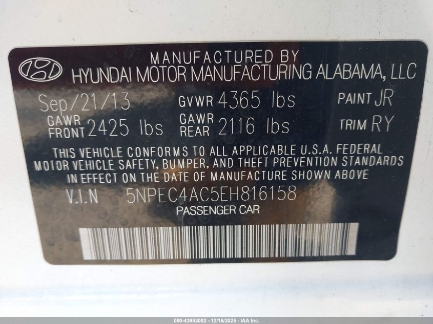 2014 Hyundai Sonata Se VIN: 5NPEC4AC5EH816158 Lot: 43953002