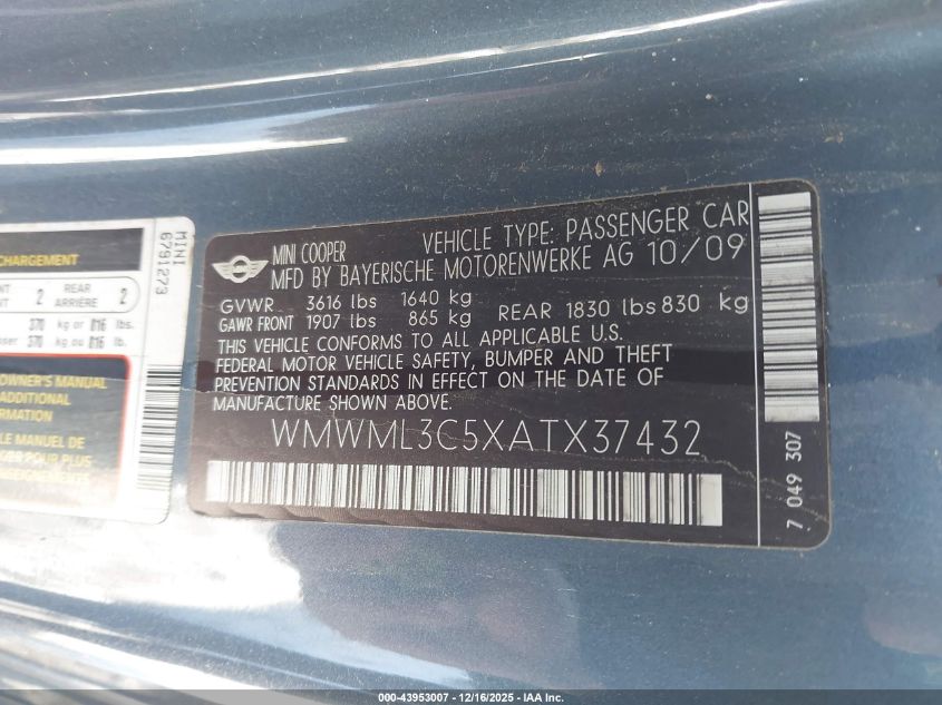 2010 Mini Cooper Clubman VIN: WMWML3C5XATX37432 Lot: 43953007