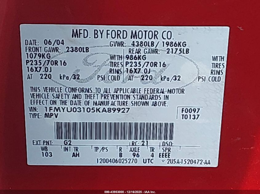 2005 Ford Escape Xlt VIN: 1FMYU03105KA89927 Lot: 43953008