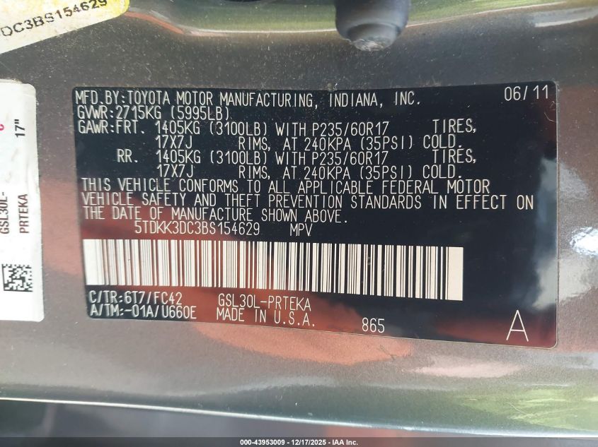 2011 Toyota Sienna Le V6 VIN: 5TDKK3DC3BS154629 Lot: 43953009