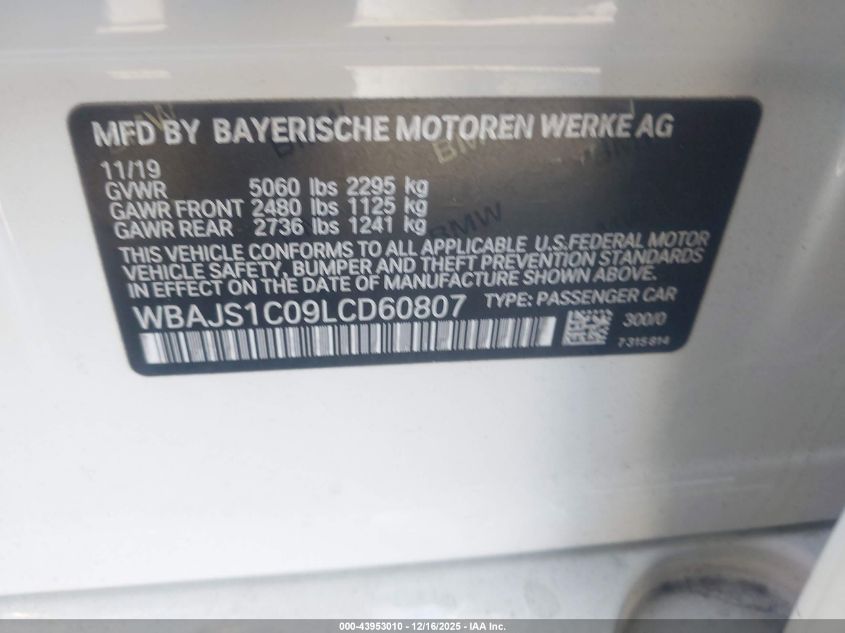 2020 BMW 540I VIN: WBAJS1C09LCD60807 Lot: 43953010