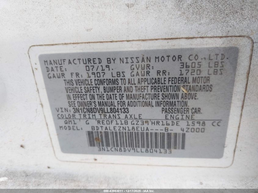 2020 Nissan Versa S Xtronic Cvt VIN: 3N1CN8DV9LL804133 Lot: 43953011