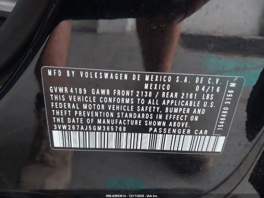 2016 Volkswagen Jetta 1.4T S VIN: 3VW267AJ5GM365768 Lot: 43953014