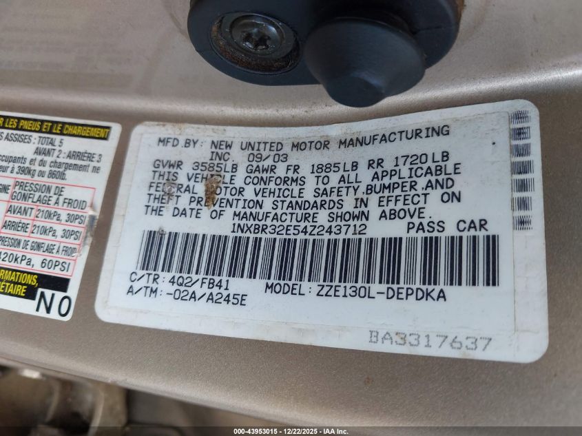 2004 Toyota Corolla Ce VIN: 1NXBR32E54Z243712 Lot: 43953015