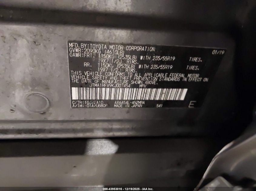 2019 Toyota Rav4 Xle Premium VIN: JTMA1RFV9KJ007454 Lot: 43953016
