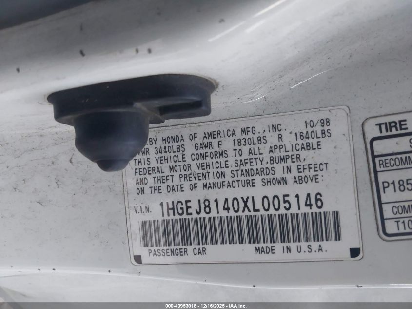 1999 Honda Civic Ex VIN: 1HGEJ8140XL005146 Lot: 43953018