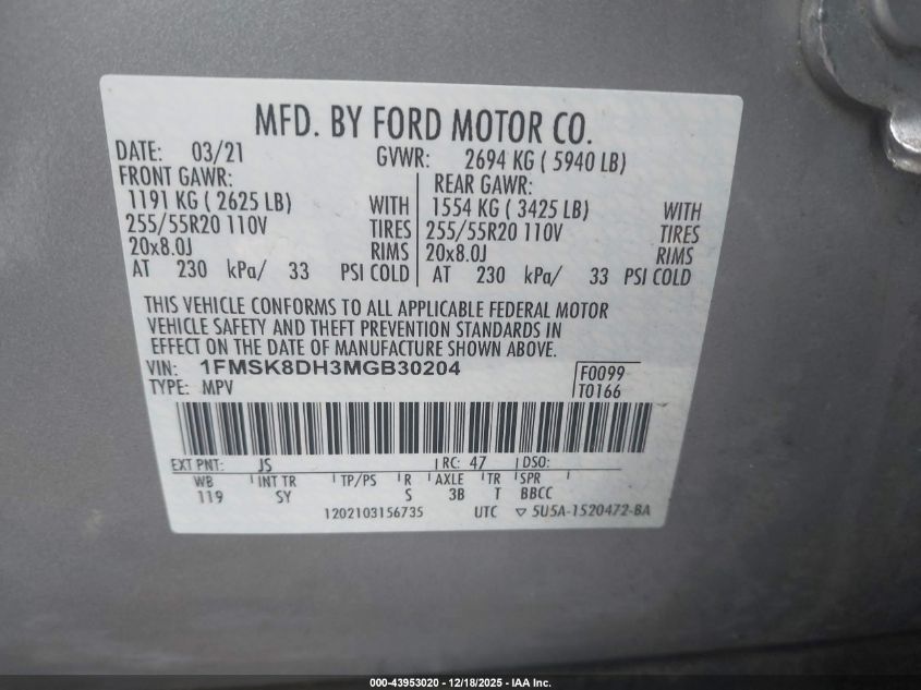 2021 Ford Explorer Xlt VIN: 1FMSK8DH3MGB30204 Lot: 43953020