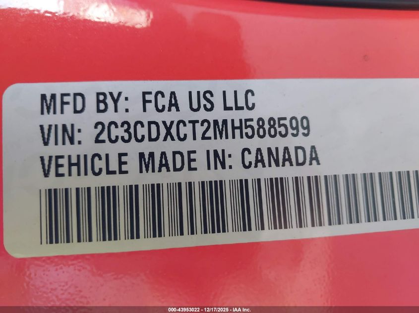 2021 Dodge Charger R/T Rwd VIN: 2C3CDXCT2MH588599 Lot: 43953022