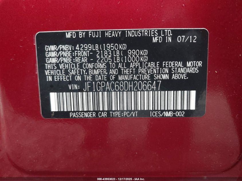 2013 Subaru Impreza 2.0I Premium VIN: JF1GPAC68DH206647 Lot: 43953023