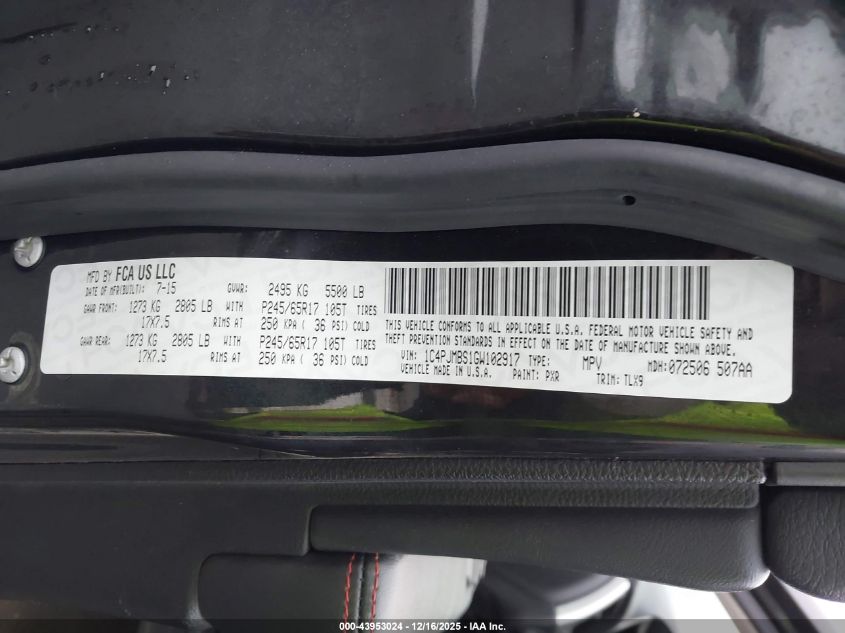 2016 Jeep Cherokee Trailhawk VIN: 1C4PJMBS1GW102917 Lot: 43953024