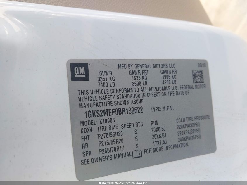 2011 GMC Yukon Xl 1500 Denali VIN: 1GKS2MEF0BR139622 Lot: 43953025