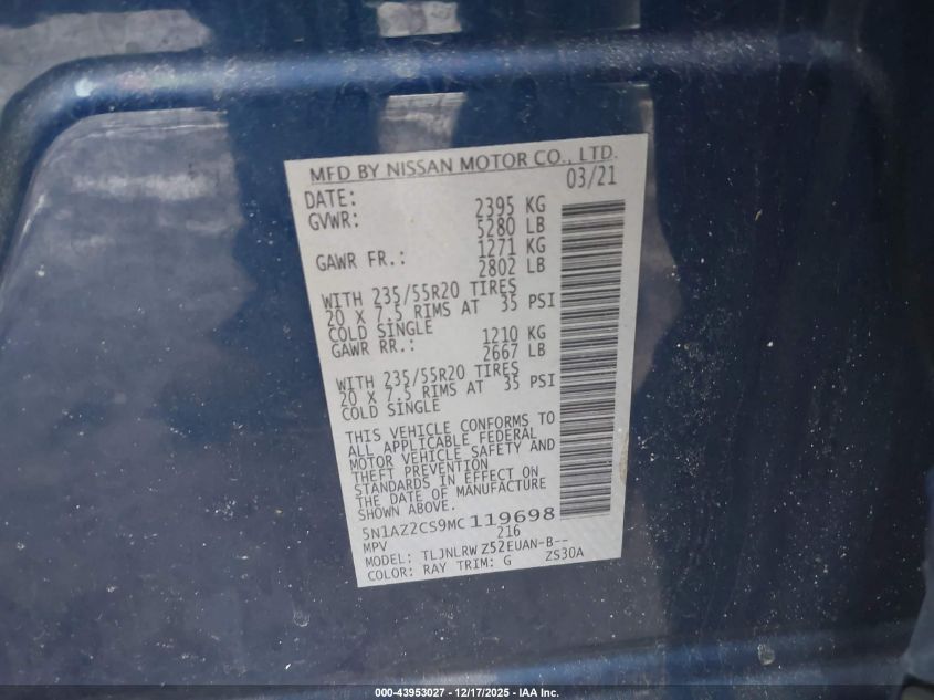 2021 Nissan Murano Sl Intelligent Awd VIN: 5N1AZ2CS9MC119698 Lot: 43953027