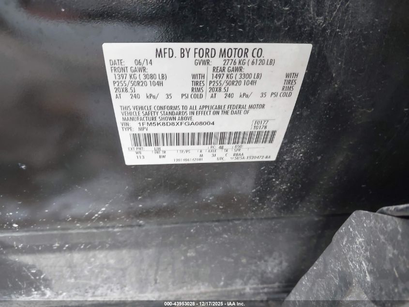 2015 Ford Explorer Xlt VIN: 1FM5K8D8XFGA08004 Lot: 43953028