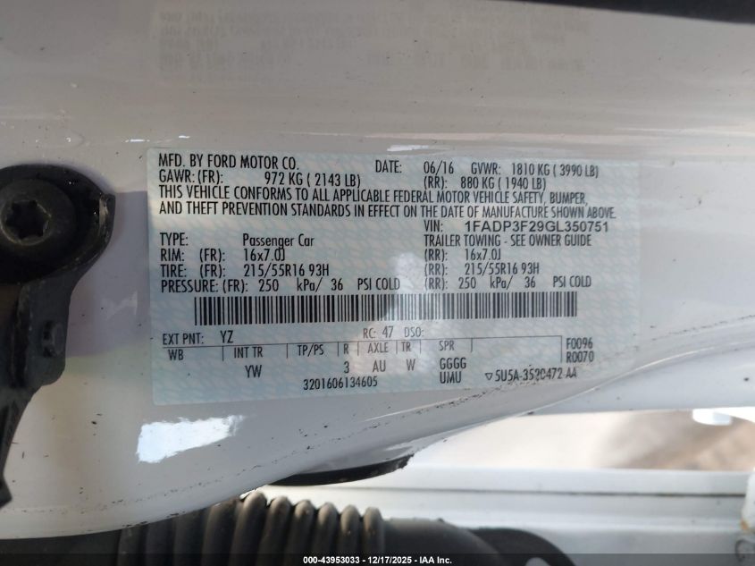 2016 Ford Focus Se VIN: 1FADP3F29GL350751 Lot: 43953033