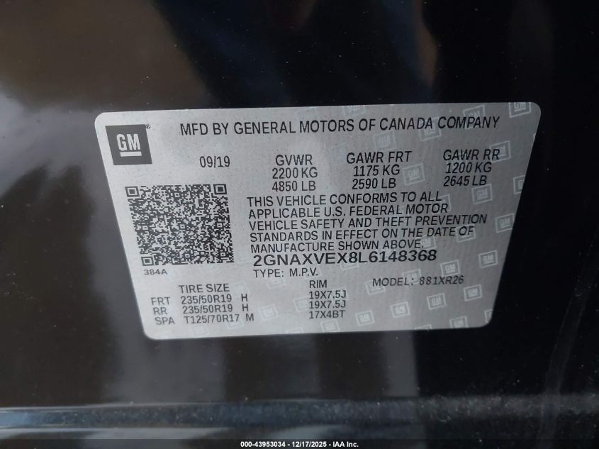 2020 Chevrolet Equinox Awd Lt 2.0L Turbo VIN: 2GNAXVEX8L6148368 Lot: 43953034