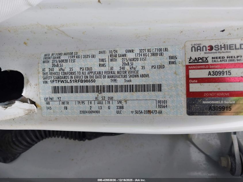 2024 Ford F-150 Xlt VIN: 1FTFW3L51RFB98650 Lot: 43953036