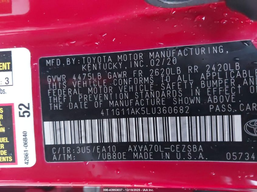 2020 Toyota Camry Se VIN: 4T1G11AK5LU360682 Lot: 43953037