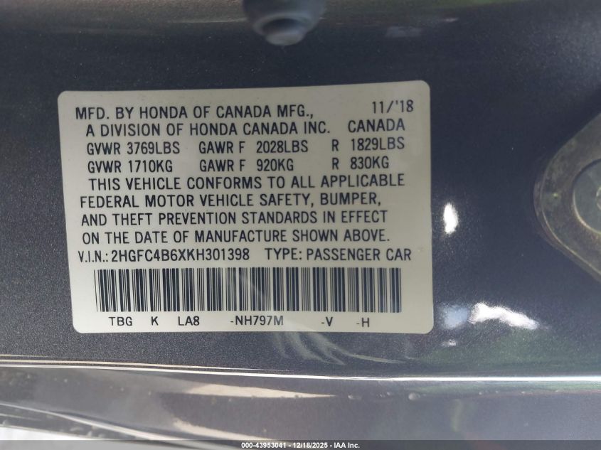 2019 Honda Civic Lx VIN: 2HGFC4B6XKH301398 Lot: 43953041