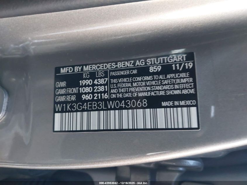 2020 Mercedes-Benz A 220 VIN: W1K3G4EB3LW043068 Lot: 43953042