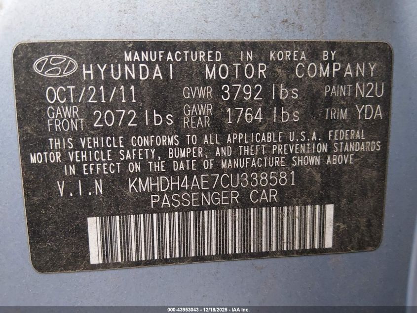 2012 Hyundai Elantra Gls (Ulsan Plant) VIN: KMHDH4AE7CU338581 Lot: 43953043