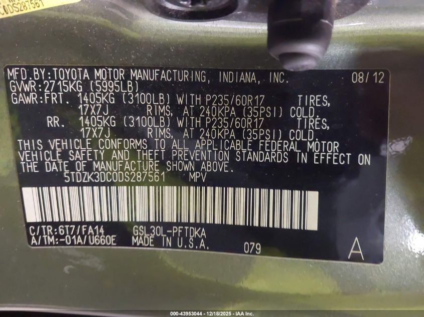 2013 Toyota Sienna L V6 7 Passenger VIN: 5TDZK3DC0DS287561 Lot: 43953044