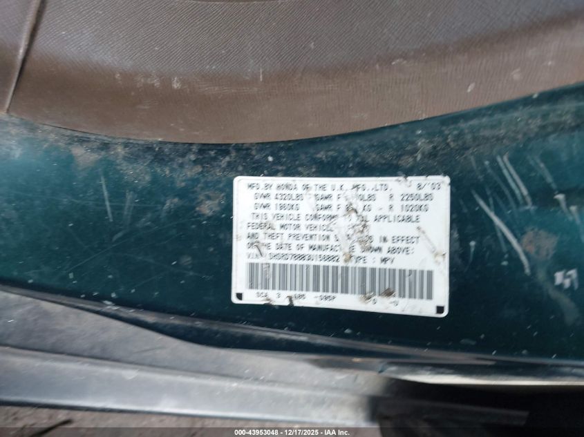 2003 Honda Cr-V Ex VIN: SHSRD78883U156882 Lot: 43953048