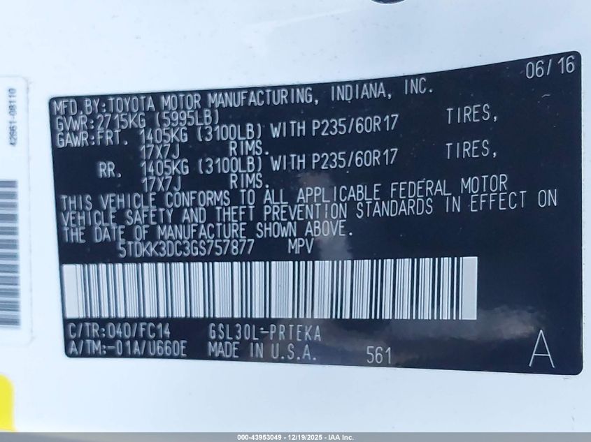 2016 Toyota Sienna Le 8 Passenger VIN: 5TDKK3DC3GS757877 Lot: 43953049