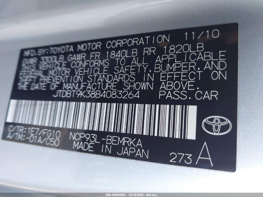 2011 Toyota Yaris VIN: JTDBT9K38B4083264 Lot: 43953050