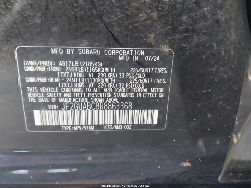 2024 Subaru Crosstrek VIN: JF2GUABC8R8863368 Lot: 43953053