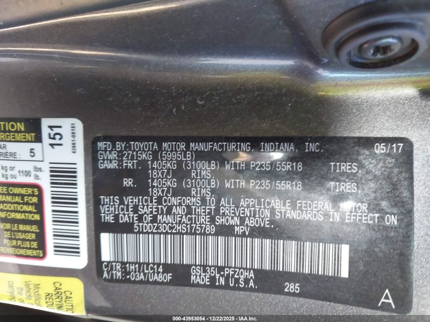 2017 Toyota Sienna Xle Premium 7 Passenger VIN: 5TDDZ3DC2HS175789 Lot: 43953054