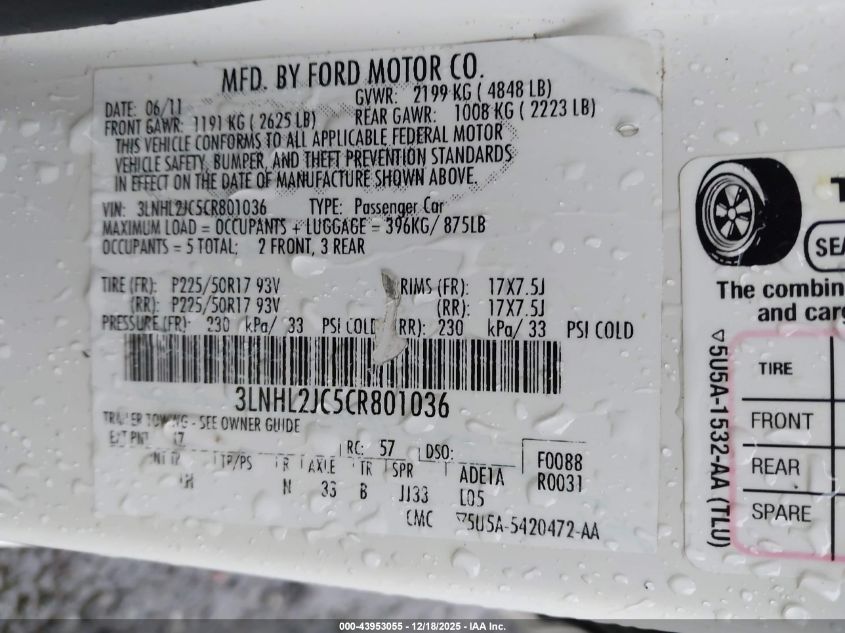 2012 Lincoln Mkz VIN: 3LNHL2JC5CR801036 Lot: 43953055