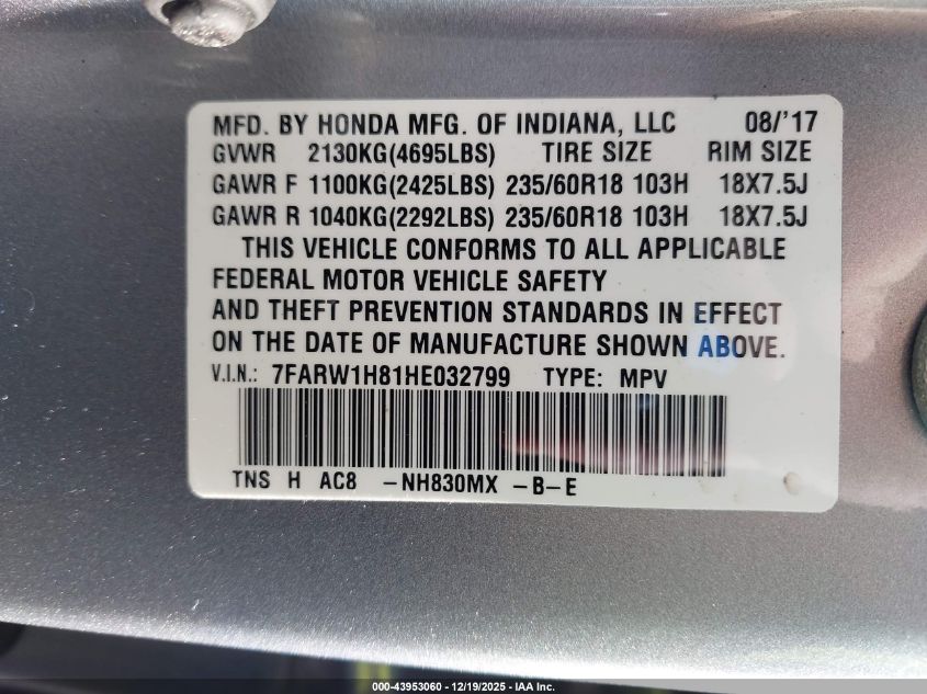2017 Honda Cr-V Ex-L/Ex-L Navi VIN: 7FARW1H81HE032799 Lot: 43953060