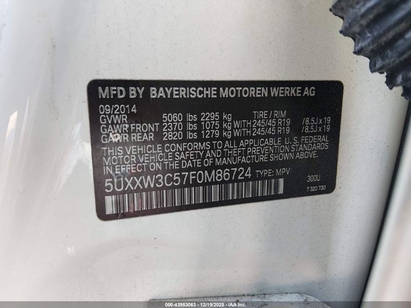 2015 BMW X4 xDrive28I VIN: 5UXXW3C57F0M86724 Lot: 43953063