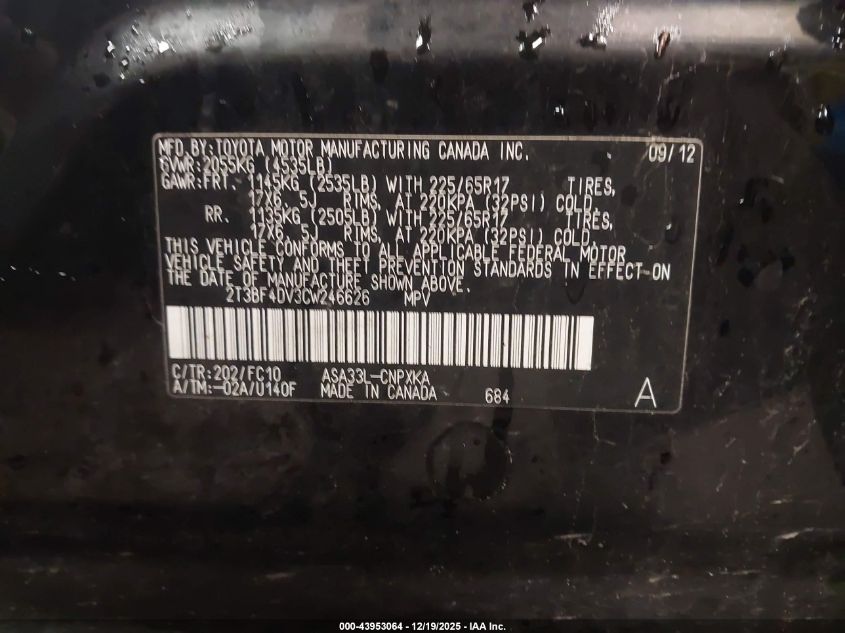 2012 Toyota Rav4 VIN: 2T3BF4DV3CW246626 Lot: 43953064