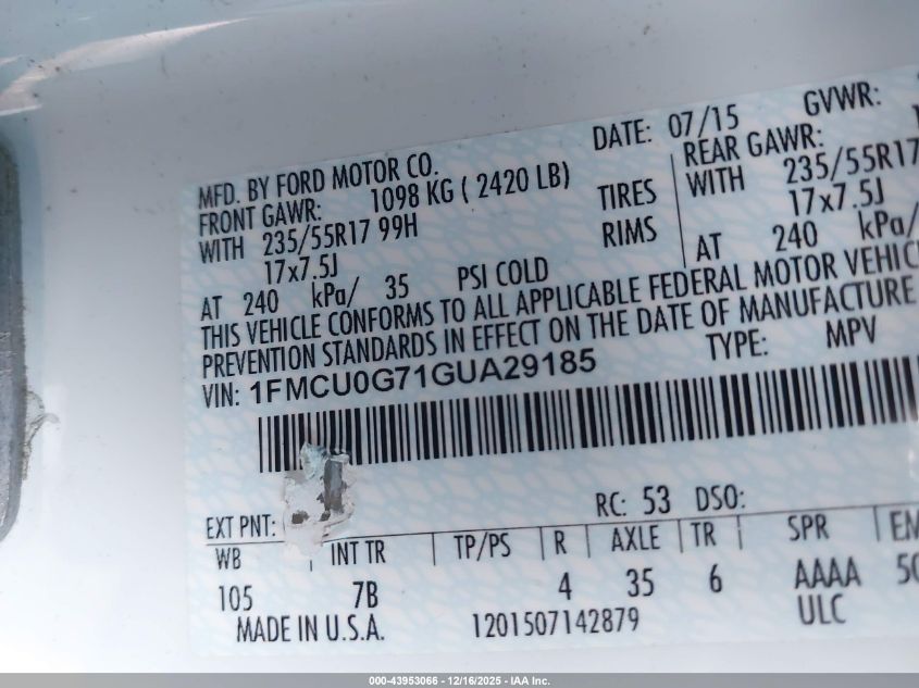 2016 Ford Escape Se VIN: 1FMCU0G71GUA29185 Lot: 43953066