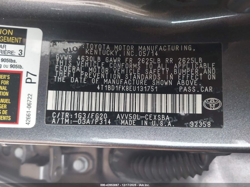 2014 Toyota Camry Hybrid Se Limited Edition VIN: 4T1BD1FK8EU131751 Lot: 43953067